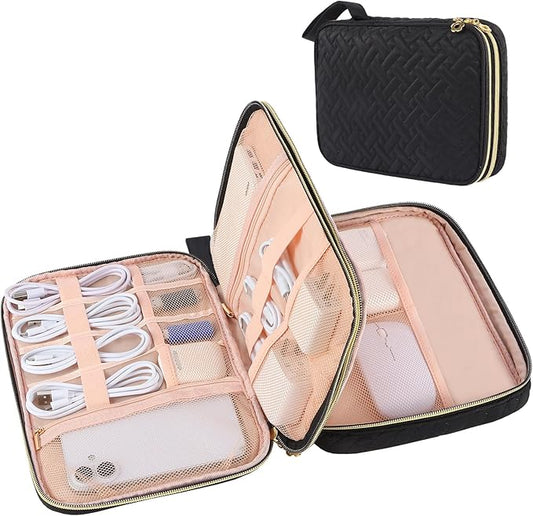 Electronics Organizer Travel Case, Charger Bag Cord Organizer Travel, All-in-One Cable Organizer Bag for Charger, Cords, Phone, Headphones, Flash Drive, SD Card (Black, Large-Double Layer)