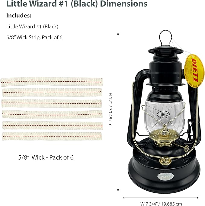 Light of Mine - Dietz #01 Little Wizard Black with Gold Trim Oil Lantern with 5/8" Replacement Wick Strips (#01, B & G)