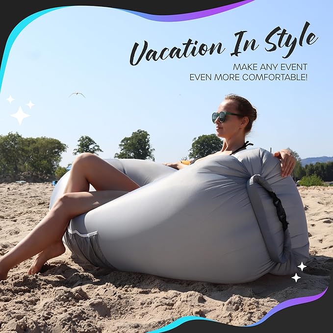 Nevlers Inflatable Lounger | 210T Polyester Inflatable Chair | No-Pump Blow Up Couch | Camping Couch Air Sofa Bed w/ 450 lbs. Cap., Pockets & Matching Bag | Use as Inflatable Couch for Adults & Kids