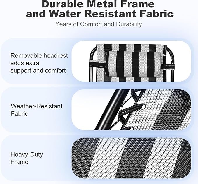 Nazhura Set of 2 Relaxing Recliners Patio Chairs Adjustable Steel Mesh Zero Gravity Lounge Chair Beach Chairs with Pillow and Cup Holder Khaki (Black/White Stripe)