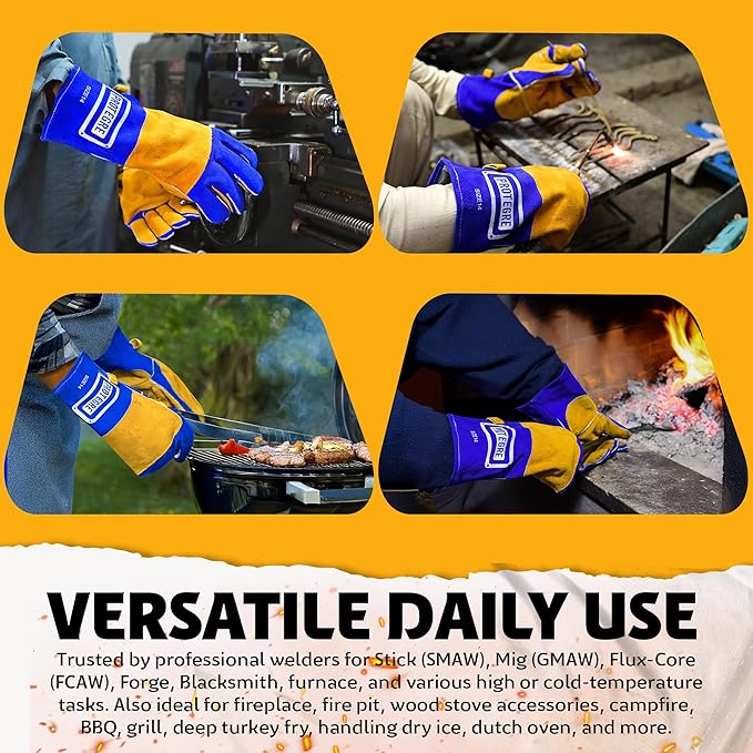 14” Welding Gloves – Heavy-Duty Heat & Flame Resistant Cowhide Leather, Kevlar-Stitched, 932℉ Protection for MIG, Stick, Forge, Fireplace, BBQ, Wood Stove (𝐁𝐥𝐮𝐞/𝐘𝐞𝐥𝐥𝐨𝐰)
