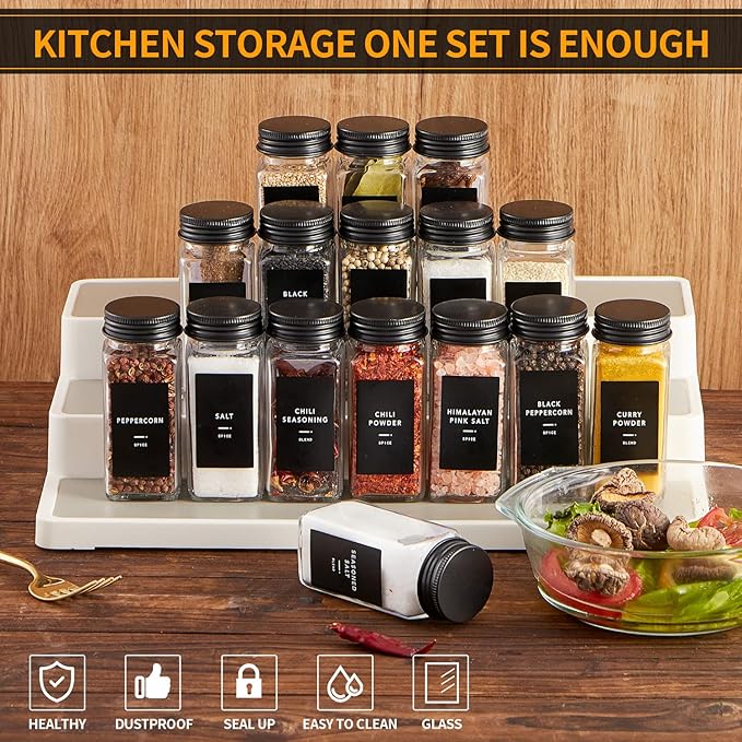 48 Pcs Spice Jars with Label- Glass Spice Jars with Black Metal Caps,Shaker Lids, Funnel, Chalk Pen, Brush,Cleaning Cloth 4oz Seasoning Containers Bottles for Spice Rack, Cabinet, Drawer