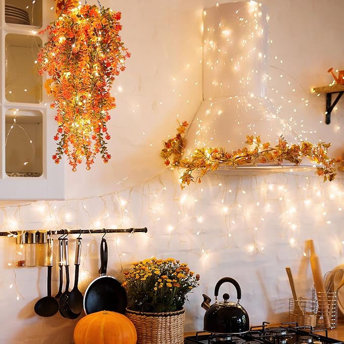Fall Artificial Flowers - Faux Hanging Plants with Lights for Thanksgiving Indoor/Outdoor Wedding & Garden Party (Salmon)