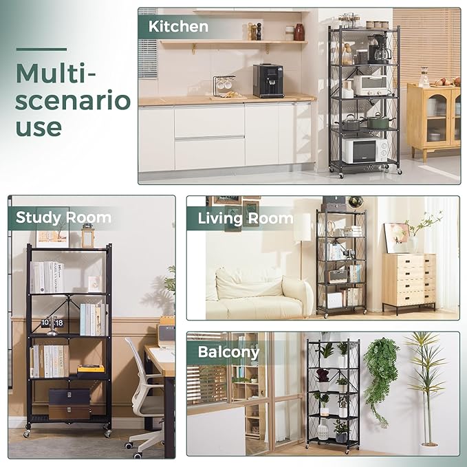 DEANIC 5-Shelf Folding Bookcase with Wheels, Rolling Bookshelf Heavy Duty Storage Shelves, Freestanding Metal Wire Shelving Unit for Living Room, Office, Kitchen, Basement, Pantry (Black)