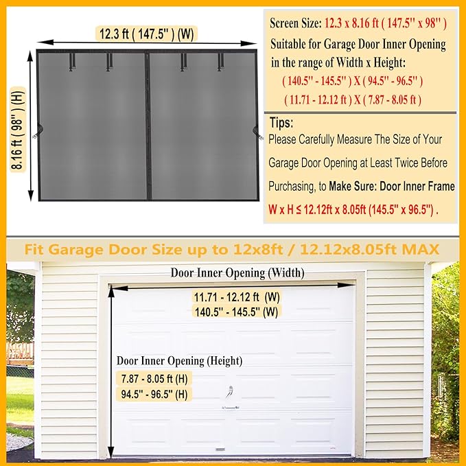 Magnetic Garage Door Screen Kit 12x8 FT - Retractable Mesh Net Screen Door with Fiberglass Mesh for 1 Car Garage 12x8ft, Blocks Bugs & Provides Privacy - Perfect for Workshop, Gym, or Patio