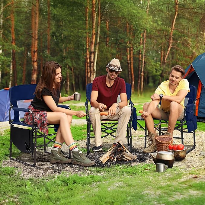 VINGLI Camping Chairs, Directors Chair, Camping Chair with Side Table & Carry Bag，Heavy Duty Camping Chairs for Adults,Portable Folding Camping Chair 2 Pack, for Beach, Fishing,Trip,Picnic,Lawn-Blue
