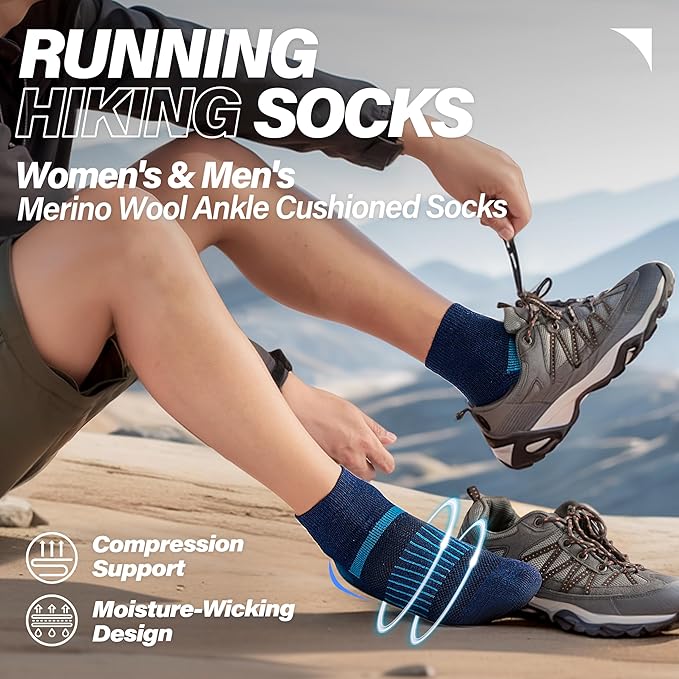 6 Pairs Merino Wool Ankle Running Hiking Socks Compression Support Breathable Thick Cushion No Show Socks for Women Men