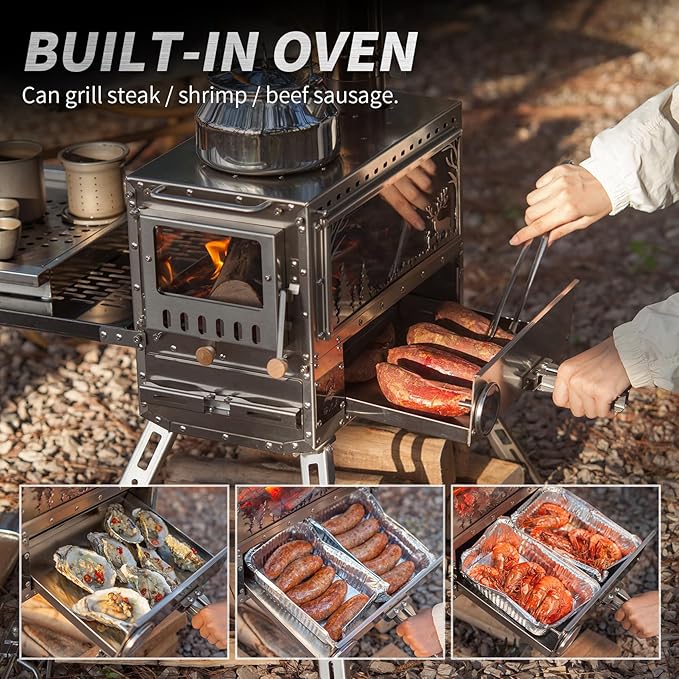 Wood Stove Wood Burning Stove Hot Tent Stove, Stainless Steel Portable Camping Stove with Oven & Camping Table and 6 Chimney Pipe for Outdoor, Camping, Cooking, Tents, Car Travel