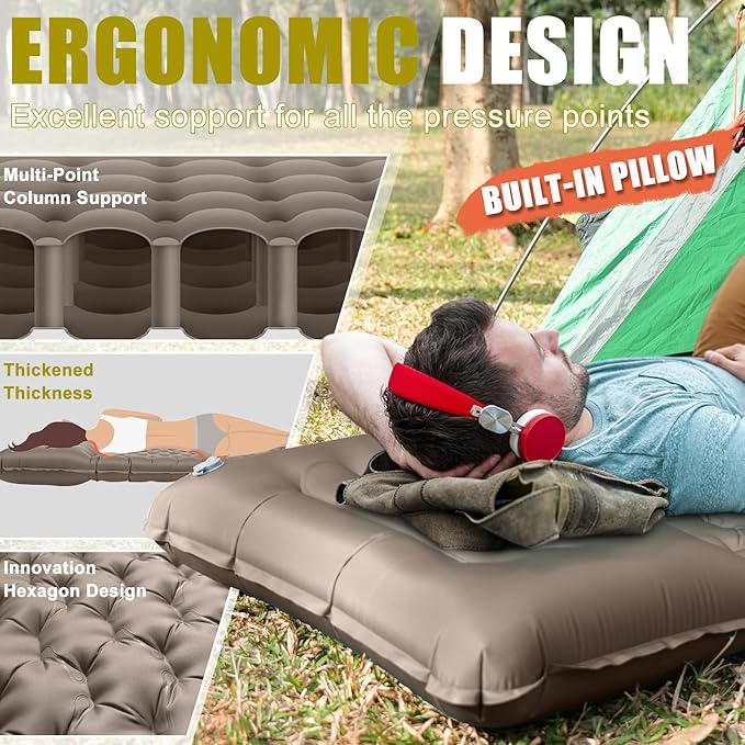 Inflatable Camping Sleeping Pad with Pillow, Extra Thick 4 Inch Sleeping Mat with Built-in Pump, Compact & Ultralight Camping Air Mattress for Backpacking Hiking Tent Traveling