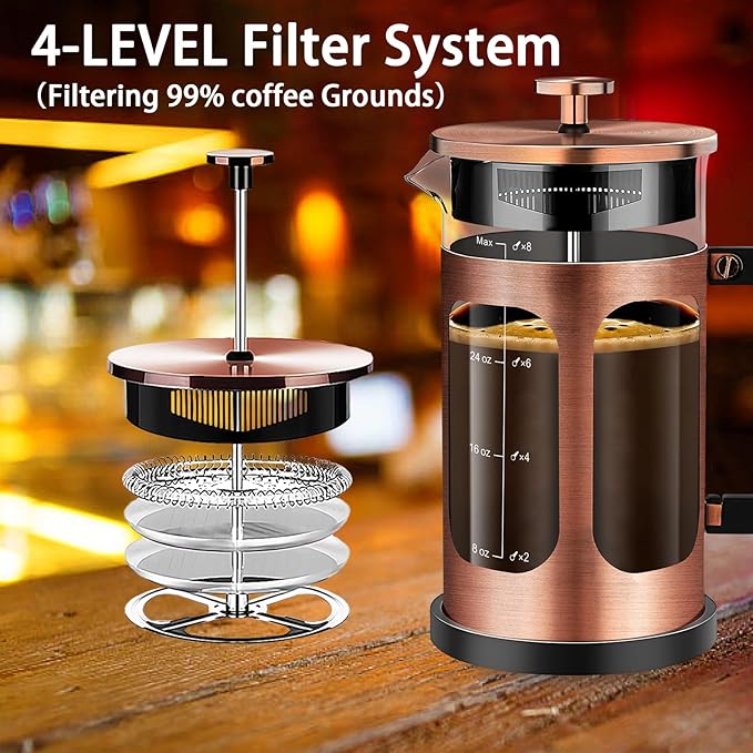French Press Coffee Maker (34oz 1Quart 5-6Cup) Coffee Press, with 4 Filters System, Heat Resistant Thickness Borosilicate Glass, Cold Brew Coffee Tea Pot Gifts (Copper)