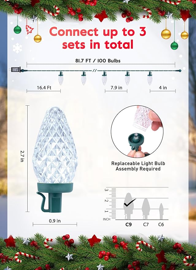 C9 LED Christmas Lights Outdoor, 81 Feet 100 LED String Light with Timer & 8 Lighting Mode, Waterproof Commercial Grade Christmas Tree Lights for Outside Indoor Roofline Patio, Pure White|2 Pack