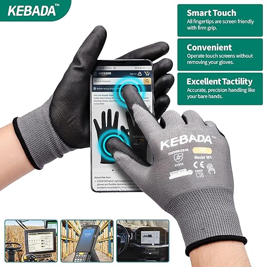 Kebada W1 Work Gloves for Men and Women, PU Coated Safety Gloves with Grip, Touchscreen, Ideal for Warehouse Package Handling, Construction, Gardening, 12 Pairs Gray Medium