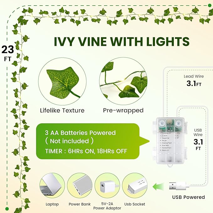Ivy Vine with Fairy Lights, 23FT 73 LED Leaf Lights Indoor USB/Battery Operated, Fake Vine String Lights for Bedroom, Wall, Party, Garden, Birthday, Wedding, Room Decor, Warm White