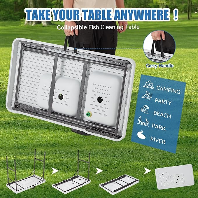 Folding Fish Cleaning Table Portable Camping Double Sinks Table w/2 Dual Water Basins, Faucet Drainage Hose & Sprayer Outdoor Fish Fillet Cleaning Station w/Knife, Storage Box,Black