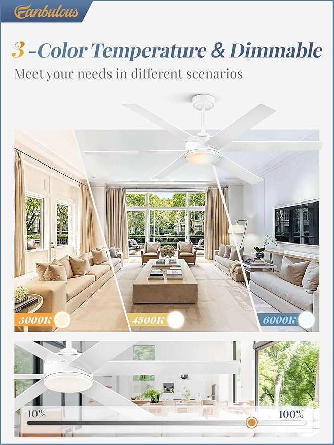 60 Inch Ceiling Fans with Lights and Remote, Reversible 6 Blades & Dimmable 3-Color Outdoor Ceiling Fans for Patios, DC Motor Large Ceiling Fan for Indoor or Covered Outdoor-White