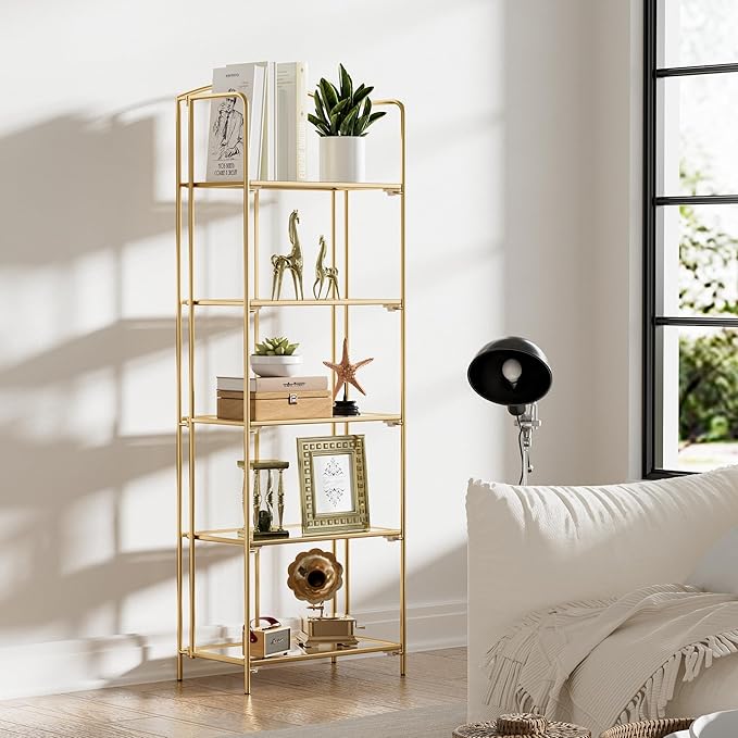 Crofy No Assembly Folding Bookshelf for Living Room, 5 Tier Gold Collapsible Book Shelf for Home Office, Portable Bookcase Storage Organizer