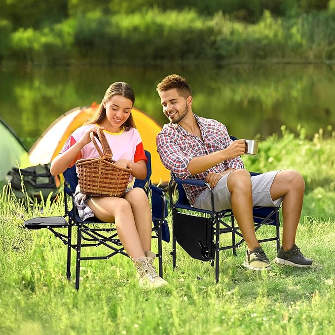 VINGLI Camping Chairs, Directors Chair, Camping Chair with Side Table & Carry Bag，Heavy Duty Camping Chairs for Adults,Portable Folding Camping Chair 2 Pack, for Beach, Fishing,Trip,Picnic,Lawn-Blue