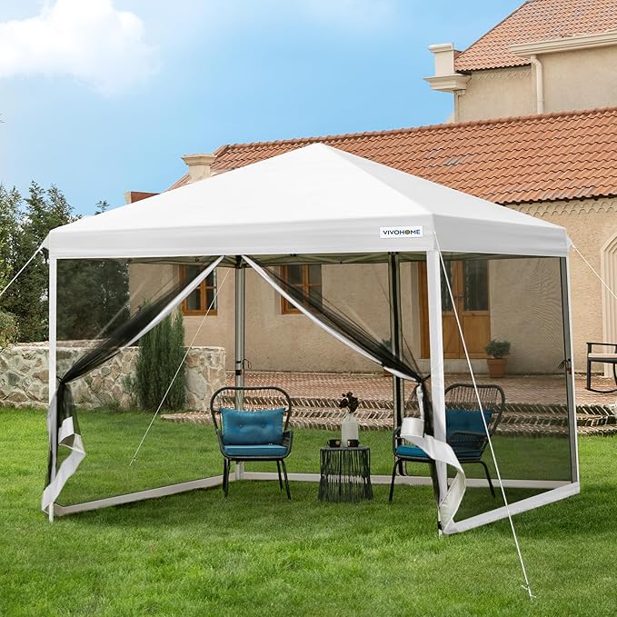 VIVOHOME 8x8ft Easy Pop-Up Canopy, Outdoor Screen Tent with Mosquito Netting, 2 Zipper Doors, and Roller Bag for Yard Camping Picnic Party Events, White