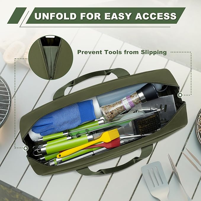 Grill Tool Storage Bag, Outdoor BBQ Utensil Holder for Barbecue Tool up to 20", Large Grill Utensil Storage Caddy with Pockets, BBQ Accessories Case Container for Camping, Bag Only, Green
