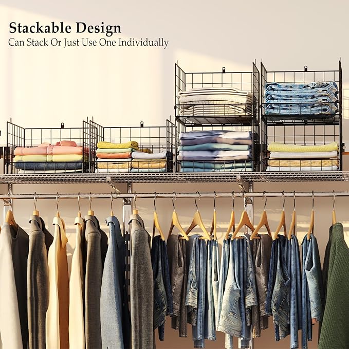 4 Pack Closet Organizers and Storage Shelves for Clothes, 4 Tier Stackable Closet Storage Basket Bin Container for Clothing Sweater Jean, Narrow, Foldable, Sturdy Metal Closet System Organizer Shelf