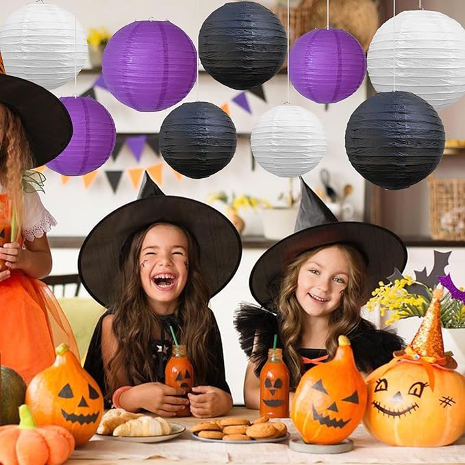 BEISHIDA 12Pcs Purple Black White Paper Lanterns Decorative Chinese/Japanese Hanging Round Paper Lanterns Lamp for Halloween，Birthday, Wedding, Christmas, Bridal,Home Decor, Party Decoration