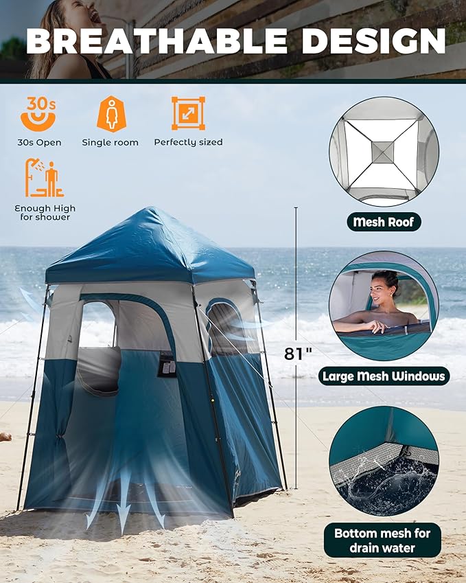 KingCamp Camping Shower Tent, Instant Portable Privacy Shelter, 1/2 Room Large Outdoor Toilet Tent with Floor, Water-Resistant, Windproof & Easy Setup for Beach, Camping & Hiking