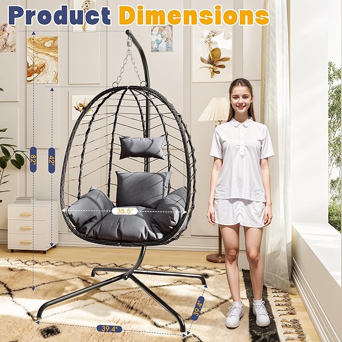 Egg Chair with Stand, Patio Wicker Bifanuo Hanging Chair, Hammock Swing Chair, 350LBS Capacity for Bedroom, Balcony, Garden(BR-GR)