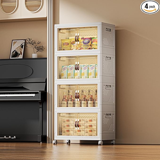 340 QT / 85 Gal Magnetic Door Storage Bins Collapsible Stackable w/1 Lid, Heavy Duty Plastic Cabinet with Wheels for Home Office Organization (White)