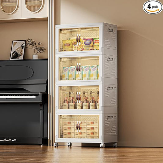 340 QT / 85 Gal Magnetic Door Storage Bins Collapsible Stackable w/1 Lid, Heavy Duty Plastic Cabinet with Wheels for Home Office Organization (White)