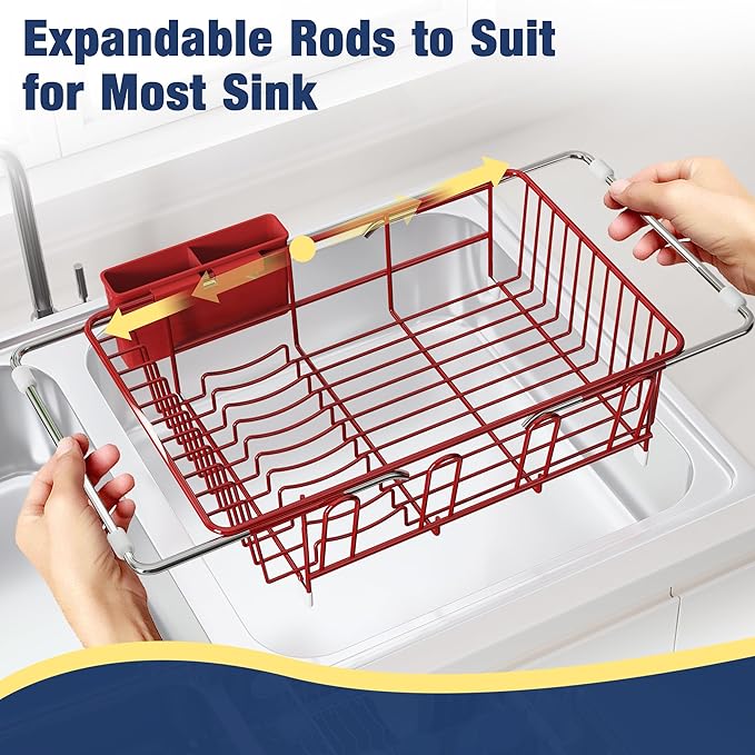 Dish Drying Rack in Sink, Red Dish Dryer Racks Over Sink, Dishes Drainers for Kitchen Sink, Stainless Steel Plates Drying Rack with Utensil Holder & Cups Holder