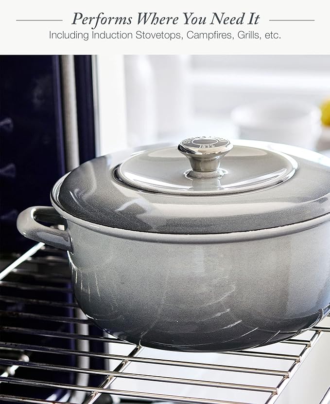 Merten & Storck 7QT Round Dutch Oven Casserole Pot with Lid, European Crafted Enameled Iron Stockpot, Induction & All Cooktops, Braising, Stews, Roasting, Slow Cooking, Sourdough, Cloud Gray