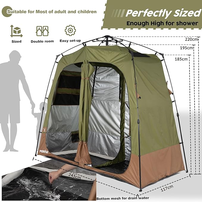 Camping Shower Tent Deluxe Changing Room Easy Set Up Privacy Shelter,Large Toilet Tent with Floor Drain Design for Beach, Camping,Hiking with Stakes and Ropes for Stability
