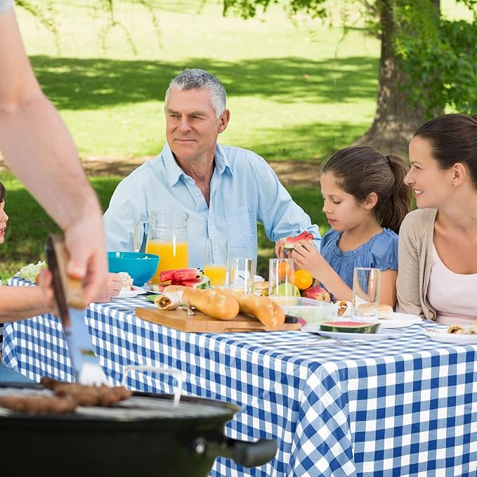 54 Inch x 300 Ft Blue Checkered Plastic Table Cloth Roll Disposable Waterproof Table Cover Plastic Table Cover Roll with Easy Slide Cutter for Outdoor Picnic/Home Dining/Spring Party