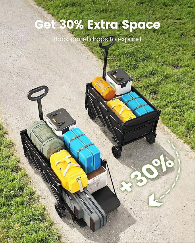 AMADA HOMEFURNISHING Wagon Cart Foldable, Collapsible Wagon Cart with 360 LBS Max Load & Expandable Storage, 90L Foldable Grocery Cart with 2 Cup Holders for Outdoor, Groceries, Garden & Camping