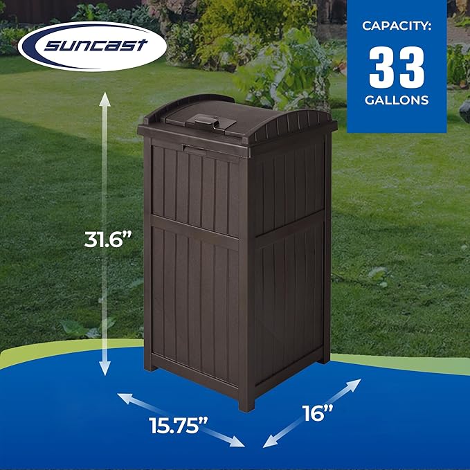 Suncast Trash Hideaway Durable Plastic Outdoor Garbage Waste Trash Can with Lid for 30 to 33 Gallon Trash Bags, Java Brown (2 Pack)