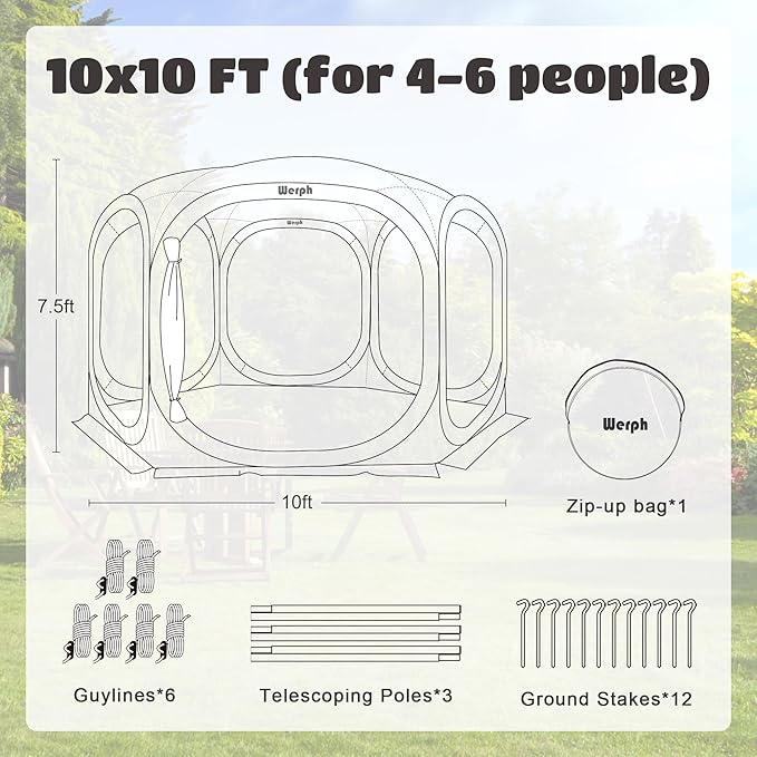 Screen Tent Pop-Up, Portable Tent Canopy with Mesh Mosquito Net, Screen House Room Canopy Shade 10x10 FT with Carry Bag for Patio, Backyard, Sports & Outdoors Activities, Green