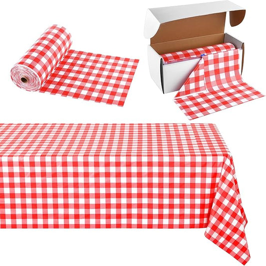 54 Inch x 300 Ft Red Checkered Plastic Table Cloth Roll Disposable Waterproof Table Cover with Easy Slide Cutter for Outdoor Picnic/Home Dining/Spring Party