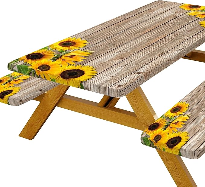 3 Pcs Sunflower Wooden Picnic Table Cover with Bench Covers,6Ft Rustic Sunflower Waterproof Fitted Picnic Table Cloths Retro Wood Texture Elastic Outdoor Picnic Tablecloth for Camping Patio Travel,2