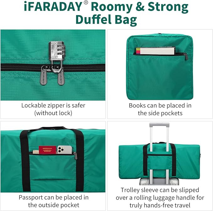 Foldable Duffle Bag for Travel - 75L Large Spare Travel Duffel Bag Lightweight with Trolley Sleeve - Green