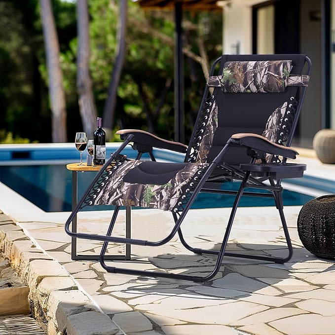 MFSTUDIO Zero Gravity Chairs Set of 2, XL Oversized Outdoor Anti Gravity Chair, Patio Lounge Folding Adjustable Chair with Cup Holder & Padded Headrest, Support 400lbs,Camouflage