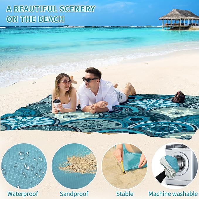 BYDOLL Beach Blanket Waterproof Sandproof 78''×81'' Suits1-4 Adults Compact Lightweight Oversized Sand-Free Blanket Large Picnic Mat for Beach Travel Camping Hiking