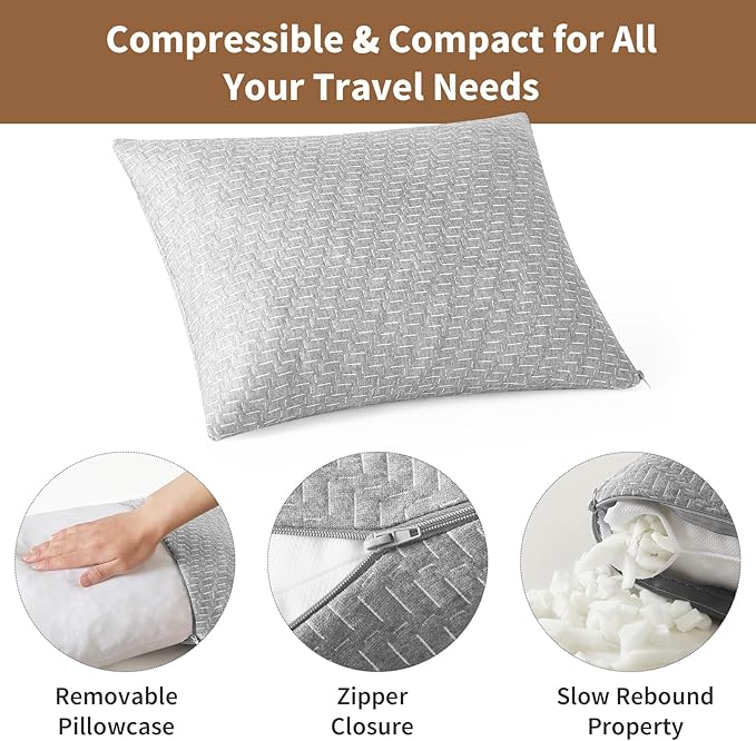 Shredded Memory Foam Pillow, Travel Size Pillow Camping Pillow Breathable and Soft, Ideal Car Backpacking Hiking Airplane