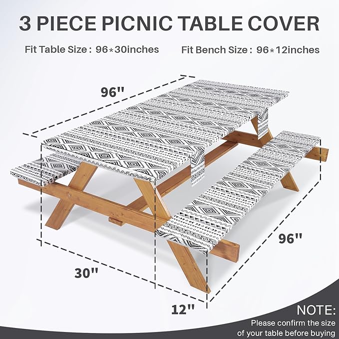 Picnic Table Cover with Bench Covers Non Slip Waterproof Vinyl Tablecloth for 8 Foot Rectangle Tables Gardening Needs Camping Rv Roadtrip Items for Tent Camper Gift for Teen Woman Man