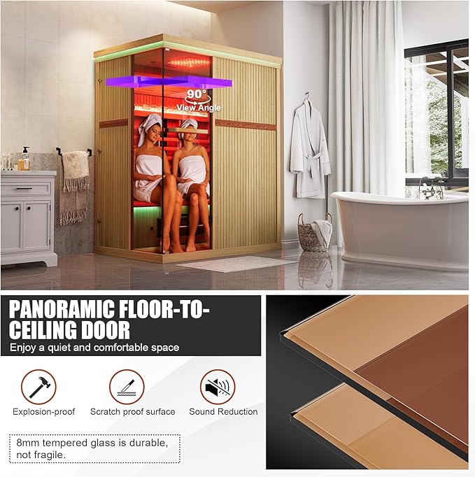 Full Spectrum Sauna for Home, 3 Person Indoor Infrared Spa Room with 10 Minutes Warm-up Heat, Canadian Hemlock Wood Home Sauna with Bluetooth and Tempered Glass