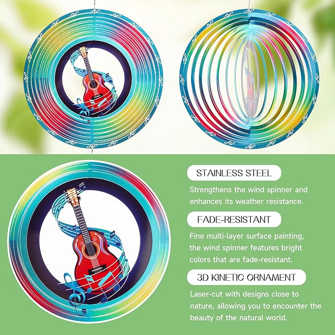Guitar Wind Spinners Garden Yard Decor Gift for Women Men, 12 Inch Outdoor Metal 3D Wind Spinner, Stainless Steel Hanging Wind Catchers Kinetic Sculpture for Outside Decoration