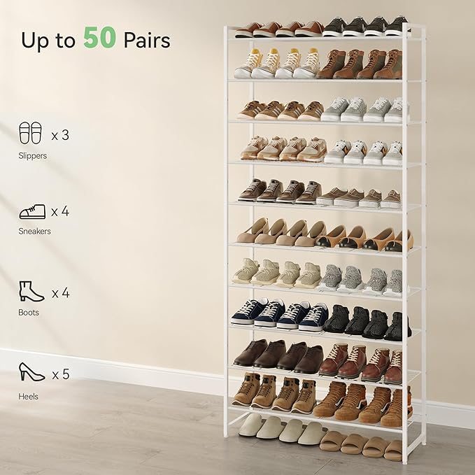 Shoe Rack for Closet, Metal Shoe Organizer, 10 Tier Garage Shoe Rack Max Holds 50 Pairs,Shoe Storage Shelf,Entryway,White