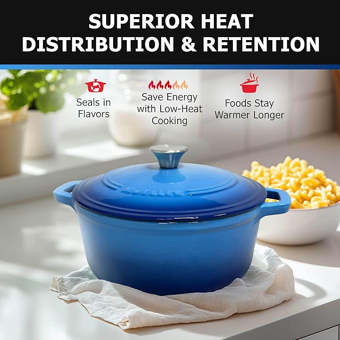MÜELLERHOME 4.5 QT Enameled Cast Iron Dutch Oven, Heavy-Duty Casserole Dish and Braiser Pan with Lid and Stainless Knob, Oven-Safe up to 500° F & Across All Cooktops, Aqua Blue