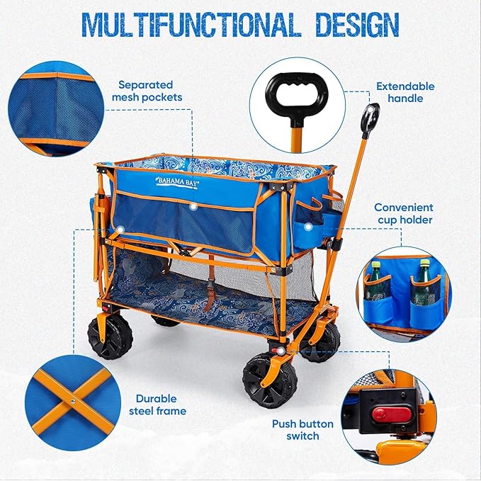 400L Collapsible Double Decker Wagon,Folding Cart with 54" Lower Decker,Heavy Duty Utility Wagon Cart with All-Terrain Big Wheels for Outdoor,Camping,Shopping,Garden