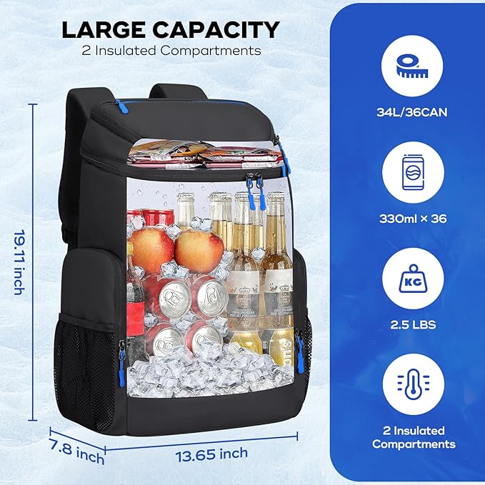 Maelstrom Backpack Cooler,36 Can Cooler Backpack,Soft Cooler Bag Insulated Leakproof,Lightweight Ice Chest Backpack,Travel Cooler Lunch Backpack for Camping,Hiking,Beach,Black