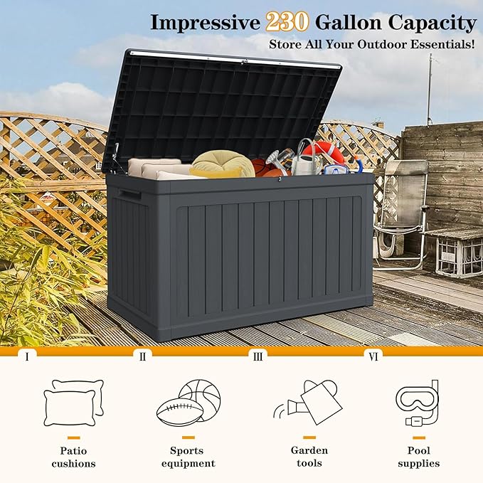 230 Gallon Lockable Resin Deck Box, Waterproof & UV-Resistant Outdoor Storage Box for Outdoor Cushion Storage, Garden Tools & Pool Accessories Storage, Black